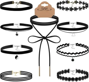 Outee 9 Pcs Choker Set Black Chokers Necklaces for Women Black Velvet Choker Necklaces Ribbon Chokers for Women