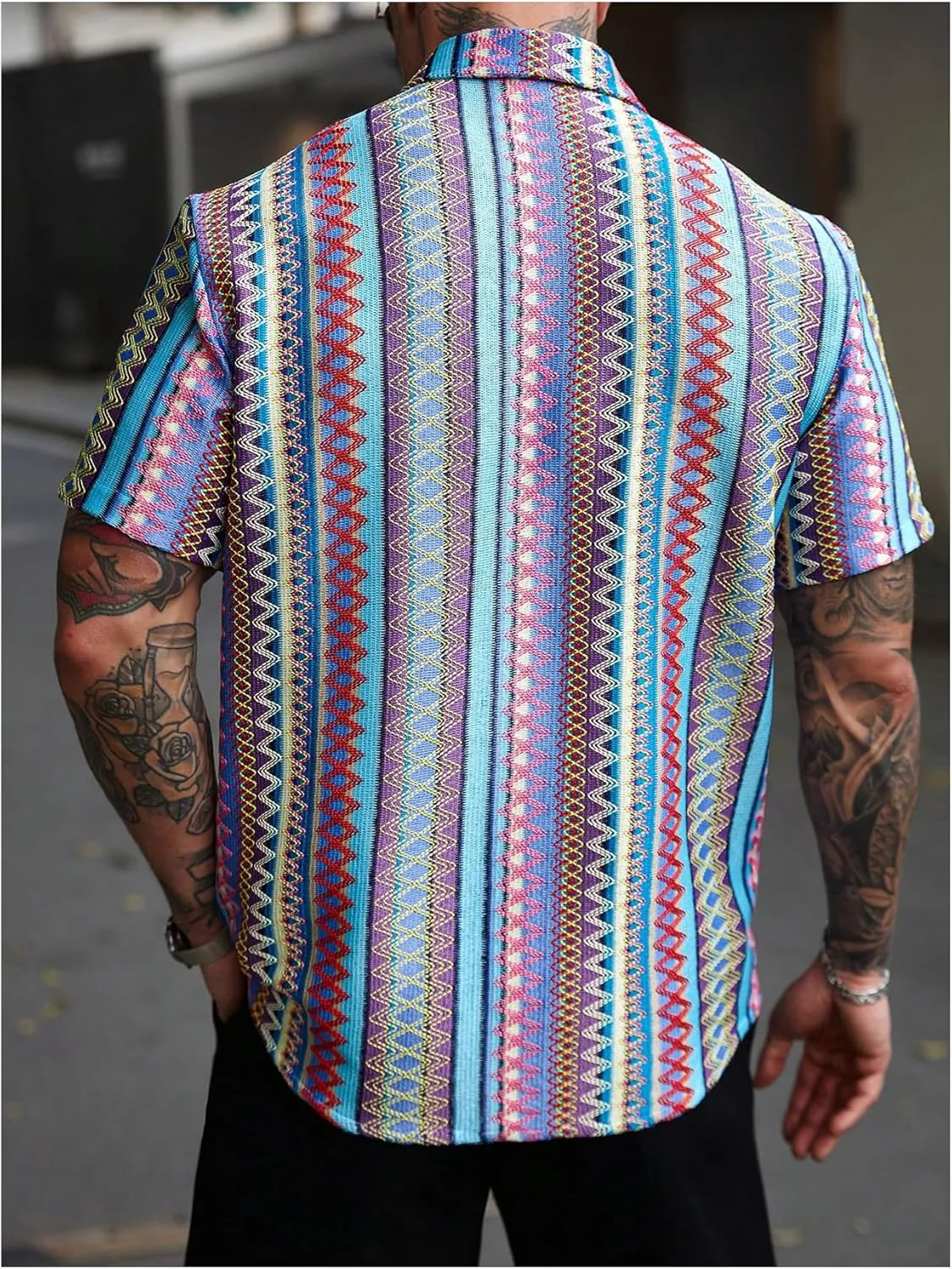OYOANGLE Men's Textured Jacquard Button Down Shirts Color Block Short Sleeve Boho Vacation Shirt
