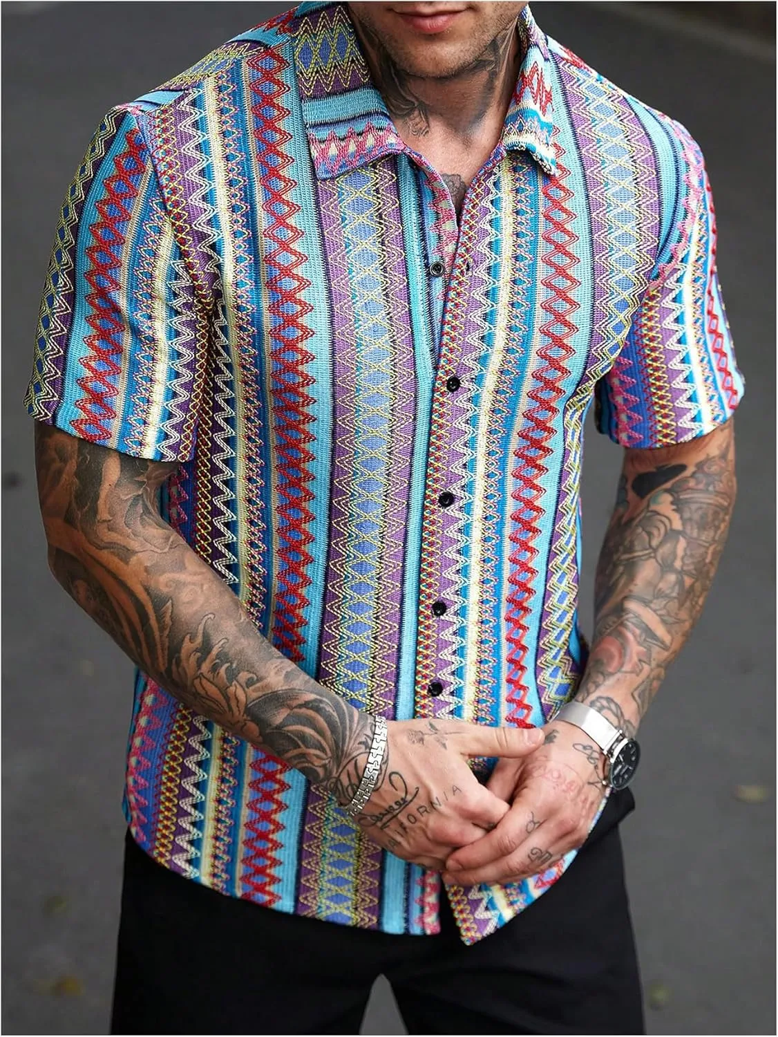 OYOANGLE Men's Textured Jacquard Button Down Shirts Color Block Short Sleeve Boho Vacation Shirt