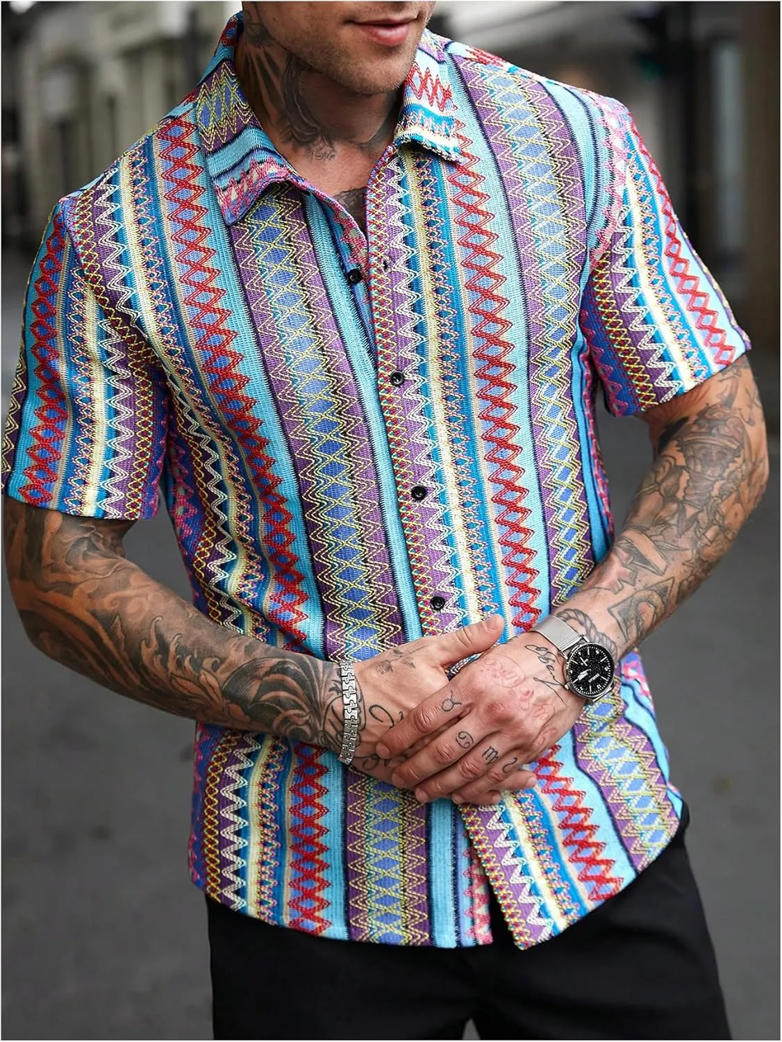 OYOANGLE Men's Textured Jacquard Button Down Shirts Color Block Short Sleeve Boho Vacation Shirt