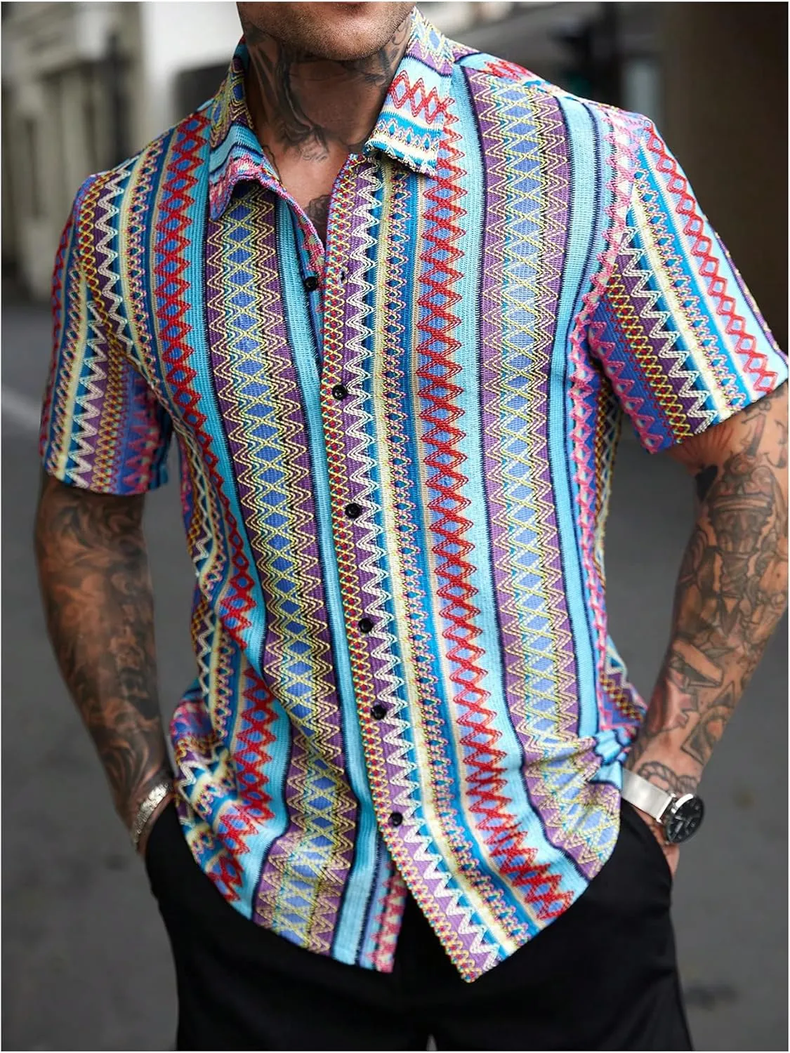 OYOANGLE Men's Textured Jacquard Button Down Shirts Color Block Short Sleeve Boho Vacation Shirt