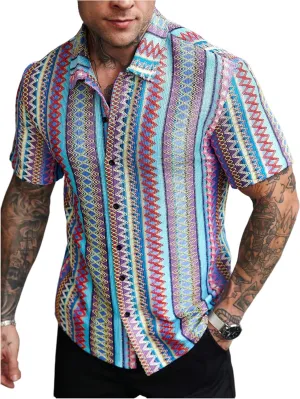 OYOANGLE Men's Textured Jacquard Button Down Shirts Color Block Short Sleeve Boho Vacation Shirt