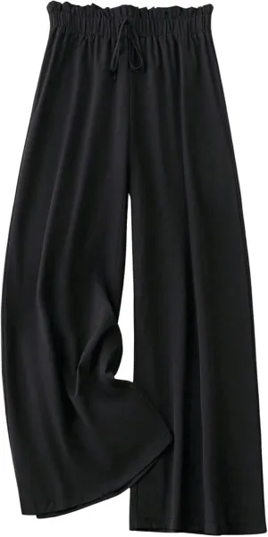 OYOANGLE Women's Plus Size Wide Leg Pants Textured Elastic High Waisted Flowy Long Trousers