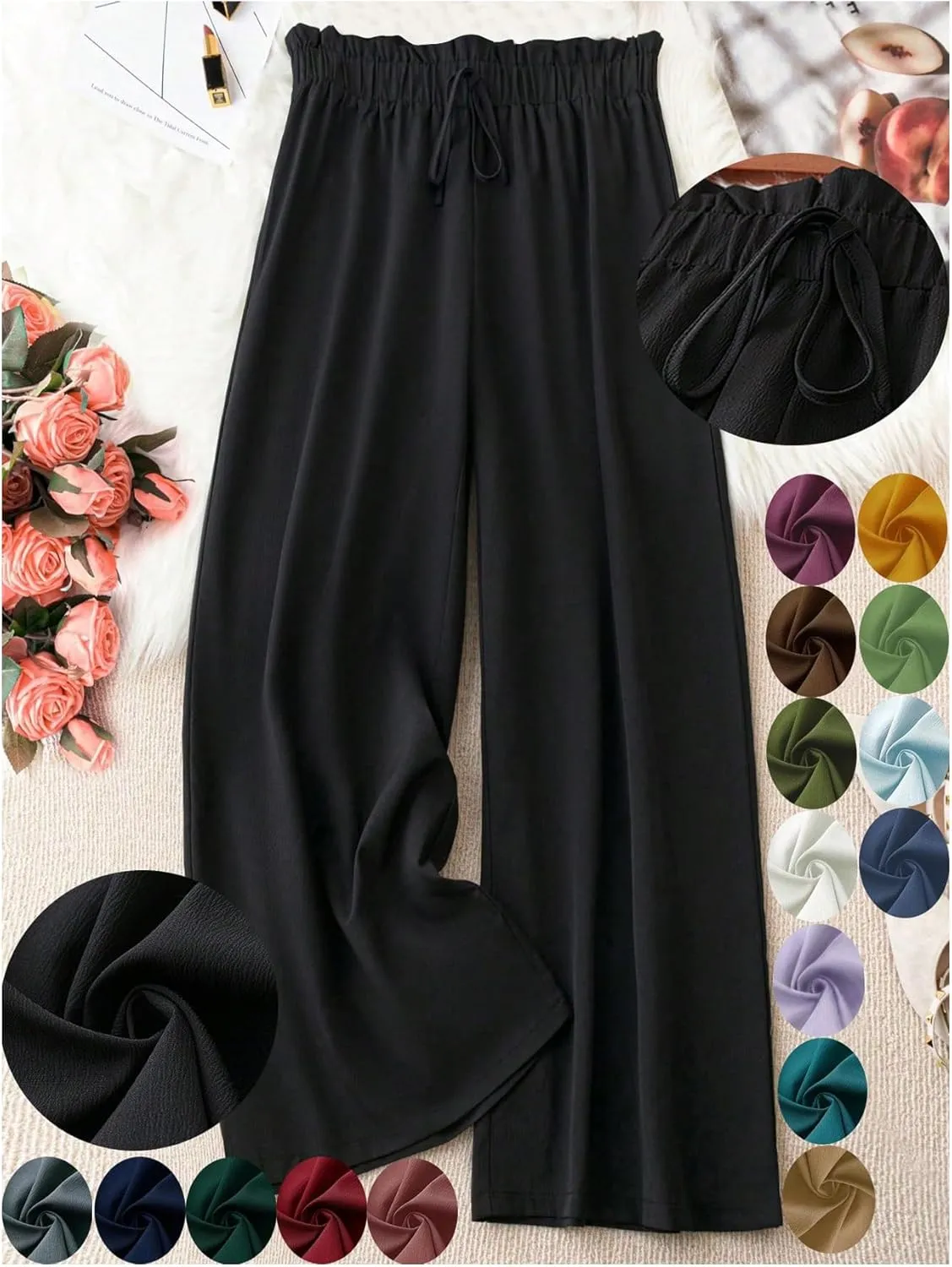 OYOANGLE Women's Plus Size Wide Leg Pants Textured Elastic High Waisted Flowy Long Trousers