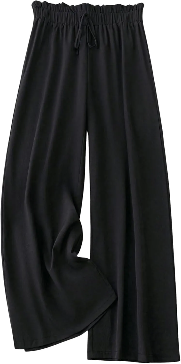 OYOANGLE Women's Plus Size Wide Leg Pants Textured Elastic High Waisted Flowy Long Trousers