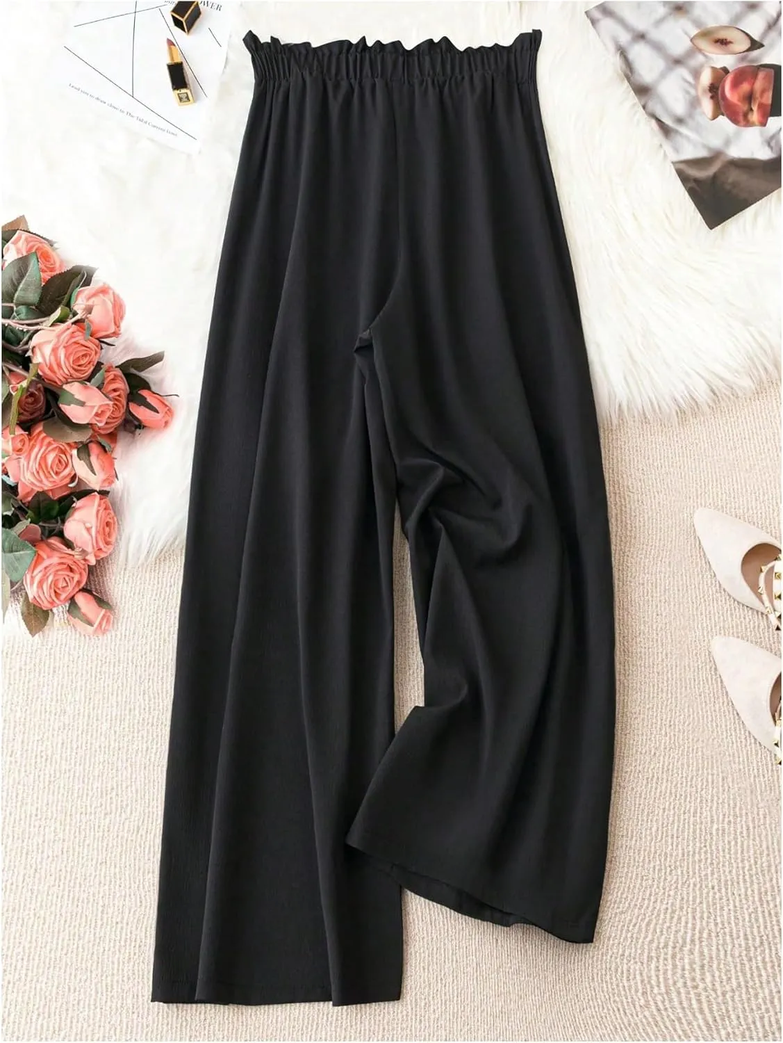 OYOANGLE Women's Plus Size Wide Leg Pants Textured Elastic High Waisted Flowy Long Trousers