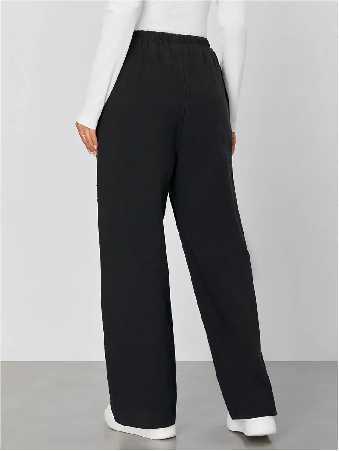 OYOANGLE Women's Textured Elastic High Waist Straight Leg Pants Solid Vacation Beach Trousers