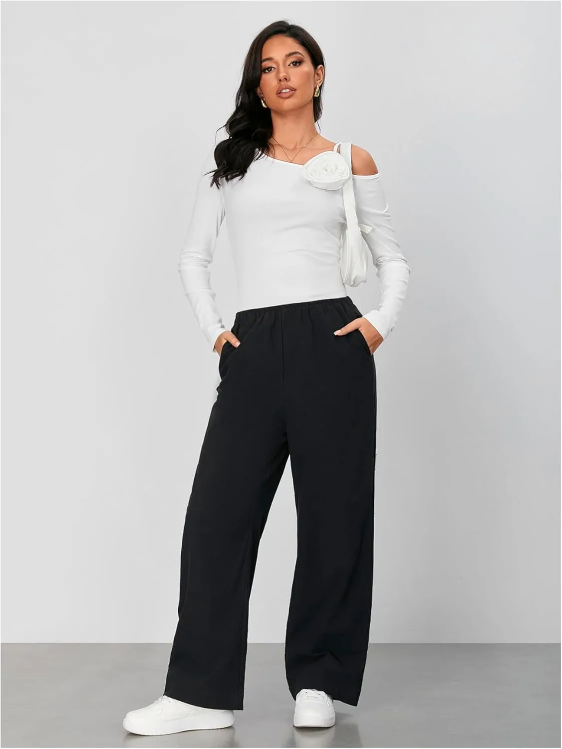 OYOANGLE Women's Textured Elastic High Waist Straight Leg Pants Solid Vacation Beach Trousers