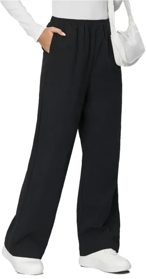 OYOANGLE Women's Textured Elastic High Waist Straight Leg Pants Solid Vacation Beach Trousers
