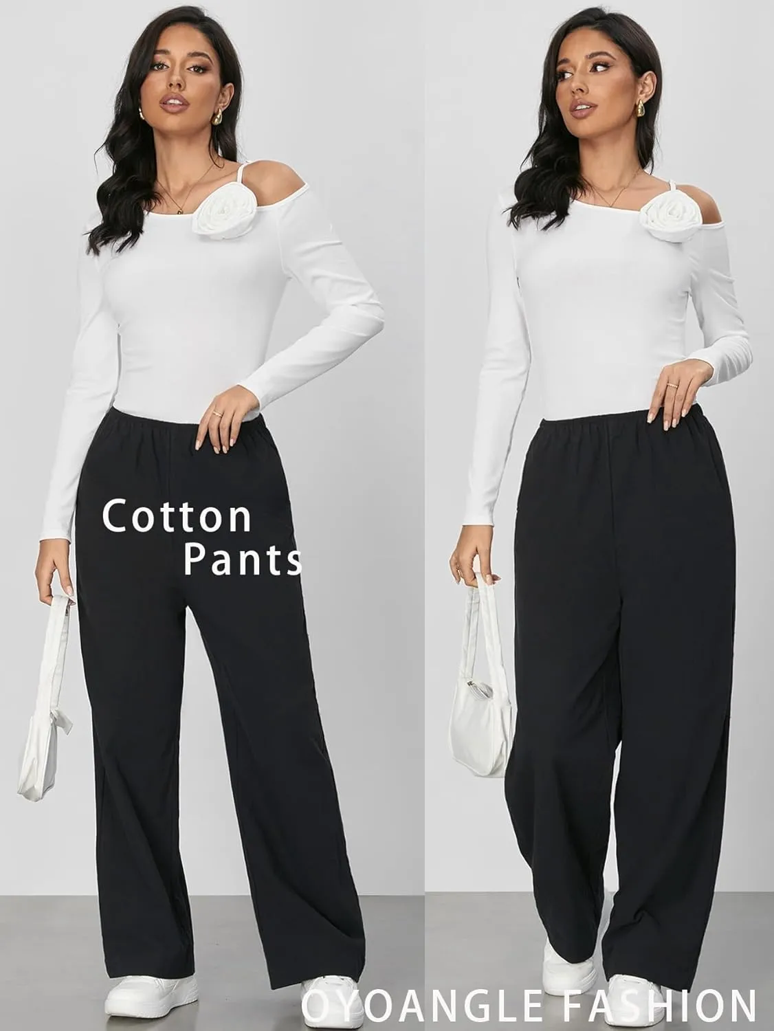 OYOANGLE Women's Textured Elastic High Waist Straight Leg Pants Solid Vacation Beach Trousers