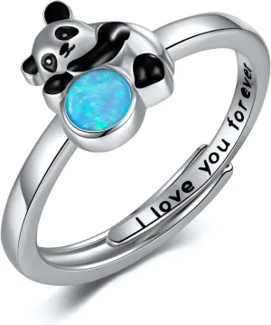 Panda Rings 925 Sterling Silver Panda Adjustable Rings Opal Panda Jewelry Panda Rings for Women Panda Lovers