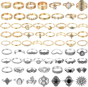 PANTIDE 67Pcs Vintage Knuckle Rings Set Stackable Finger Midi Rings for Women Bohemian Hollow Carved Flowers Gold & Silver Crystal Joint Circlet with Storage Bag