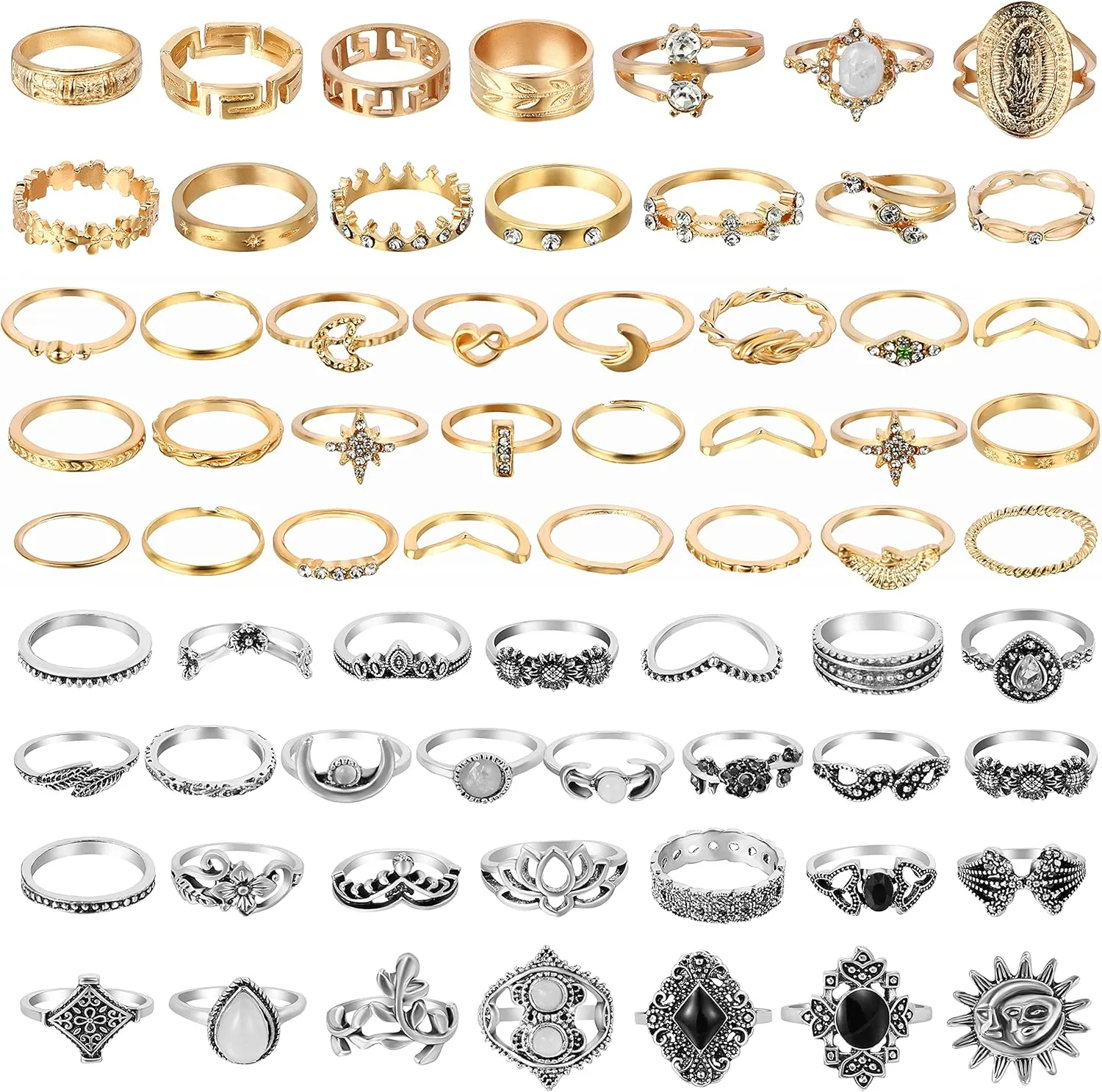 PANTIDE 67Pcs Vintage Knuckle Rings Set Stackable Finger Midi Rings for Women Bohemian Hollow Carved Flowers Gold & Silver Crystal Joint Circlet with Storage Bag