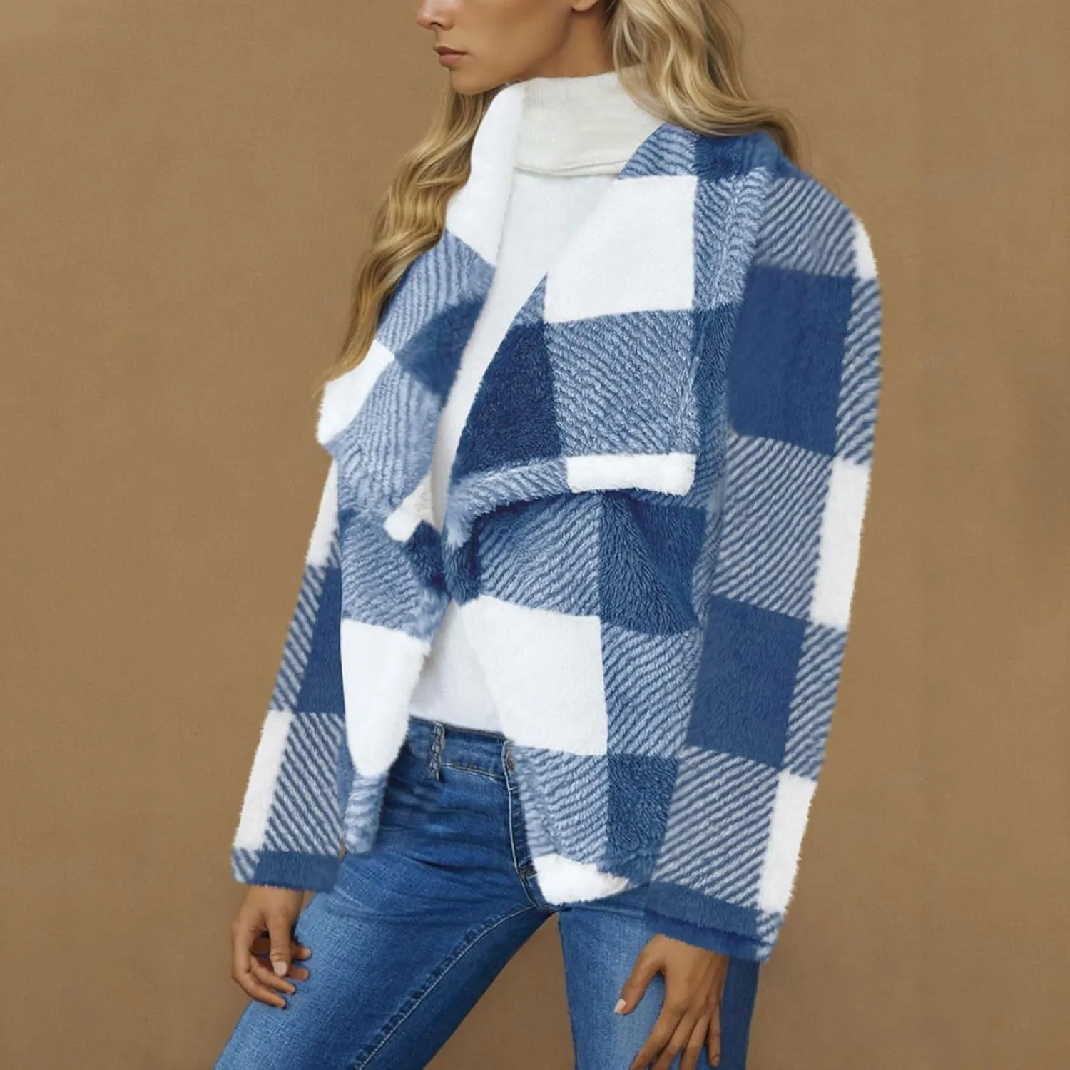 Pea Coats for Women Oversized Fleece Plaid Cardigan Long Sleeve Thermal Winter Jackets Casual Fit Outerwear