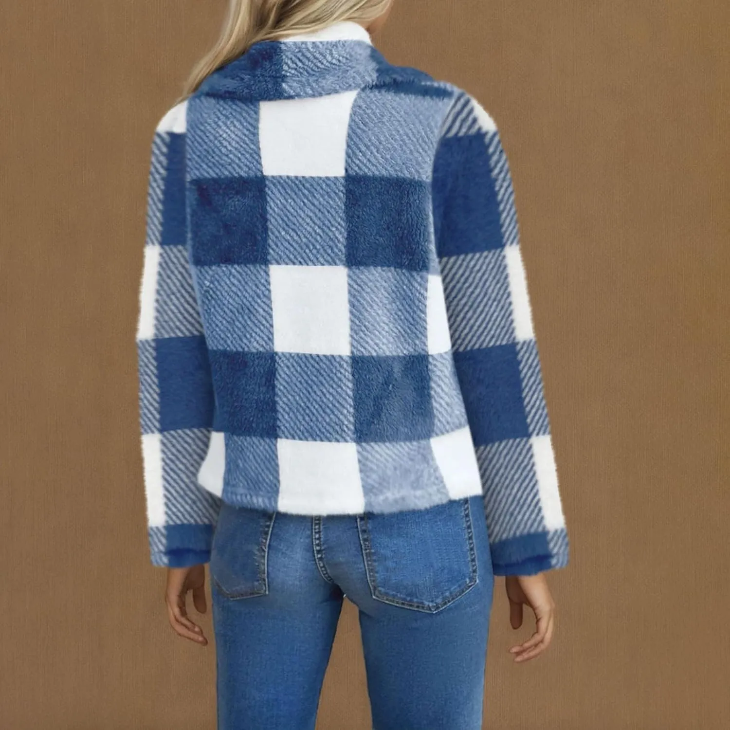 Pea Coats for Women Oversized Fleece Plaid Cardigan Long Sleeve Thermal Winter Jackets Casual Fit Outerwear