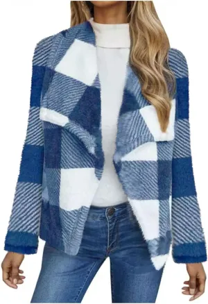 Pea Coats for Women Oversized Fleece Plaid Cardigan Long Sleeve Thermal Winter Jackets Casual Fit Outerwear