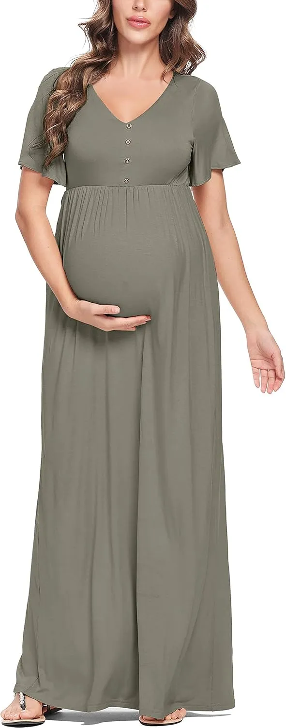Peauty Summer Maternity Dresses for Women Maternity Photoshoot Dress with Decorative Button Baby Shower Dress