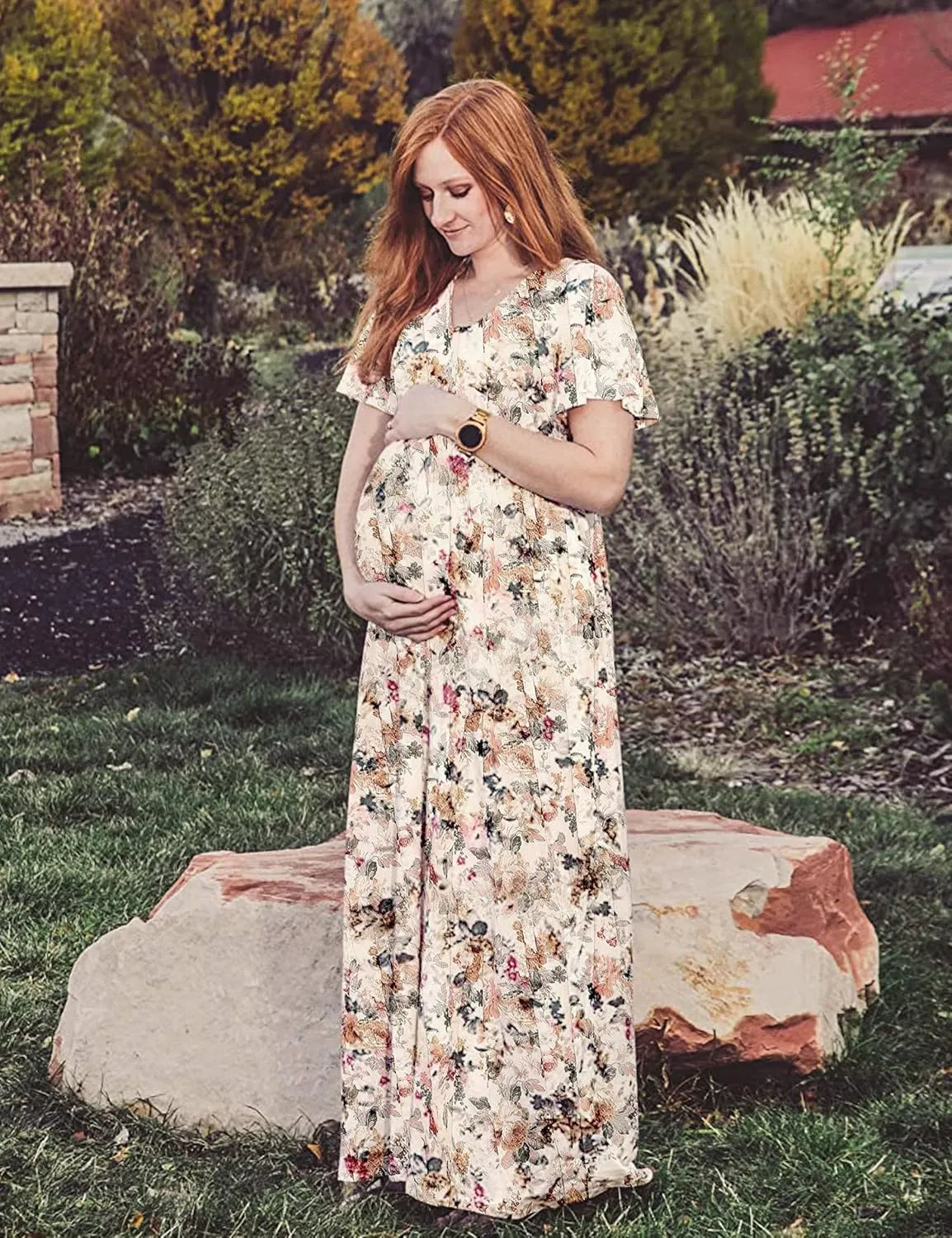 Peauty Summer Maternity Dresses for Women Maternity Photoshoot Dress with Decorative Button Baby Shower Dress