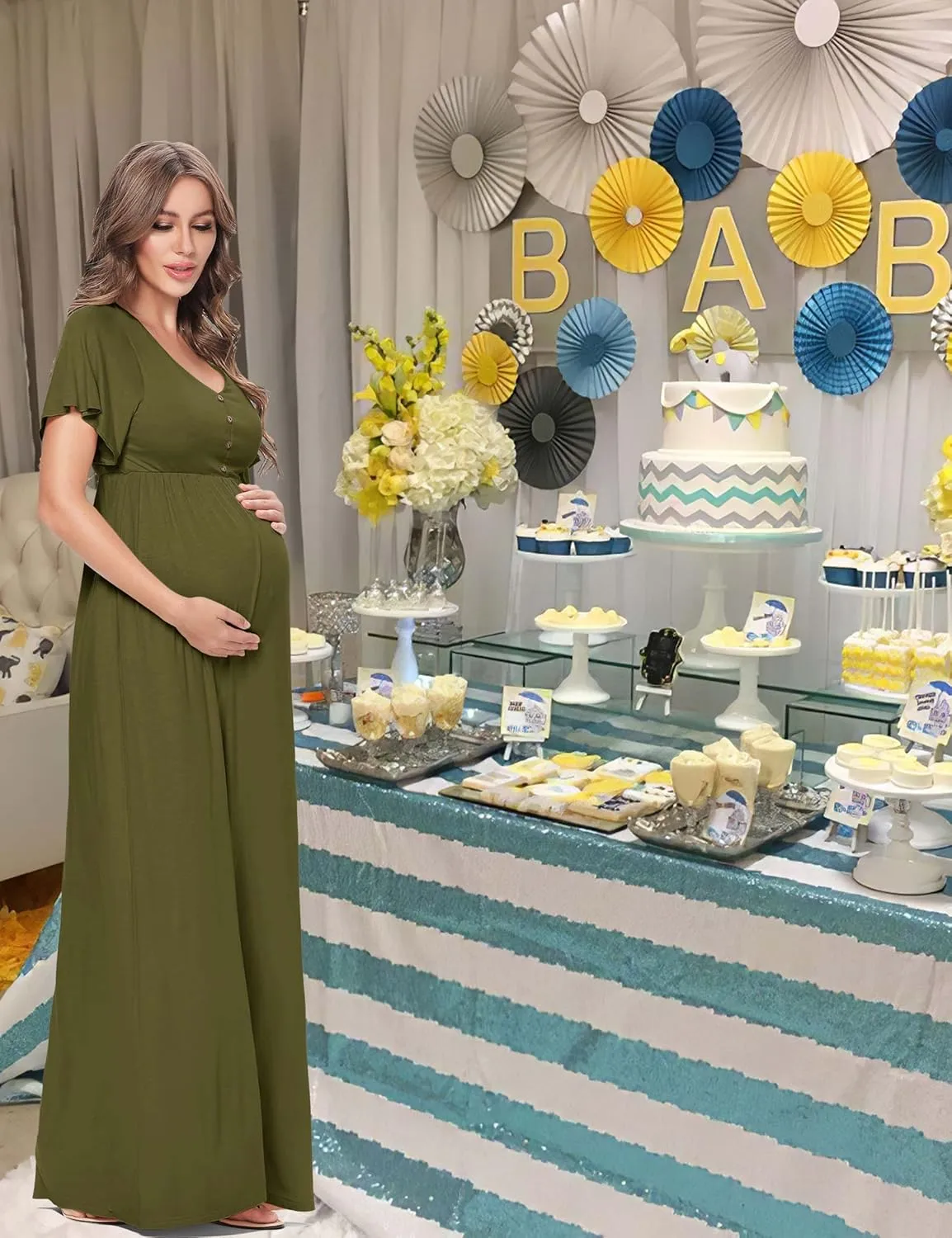 Peauty Summer Maternity Dresses for Women Maternity Photoshoot Dress with Decorative Button Baby Shower Dress