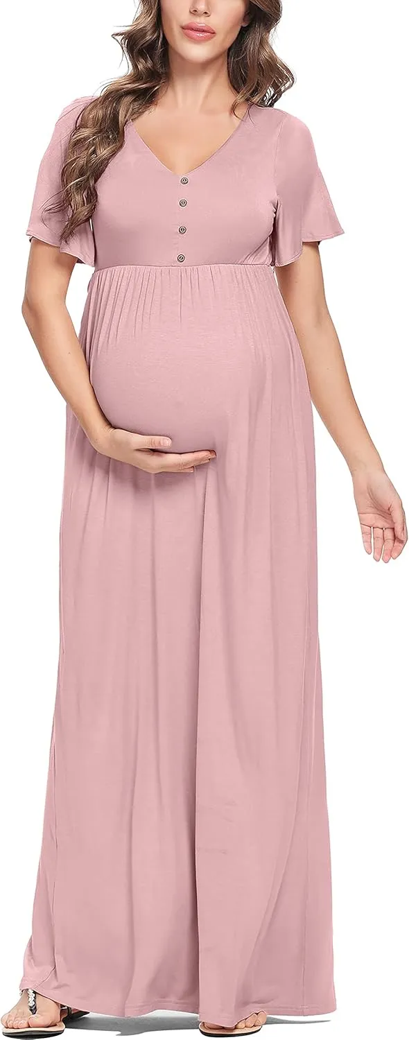 Peauty Summer Maternity Dresses for Women Maternity Photoshoot Dress with Decorative Button Baby Shower Dress