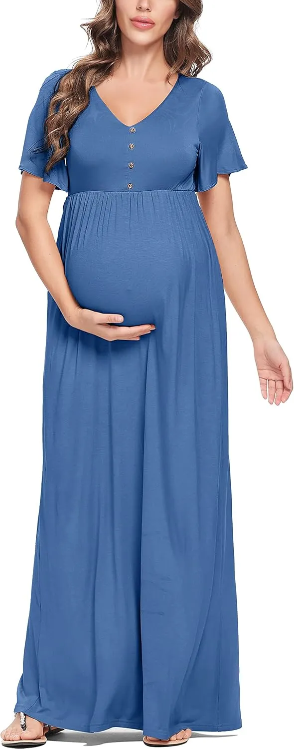 Peauty Summer Maternity Dresses for Women Maternity Photoshoot Dress with Decorative Button Baby Shower Dress