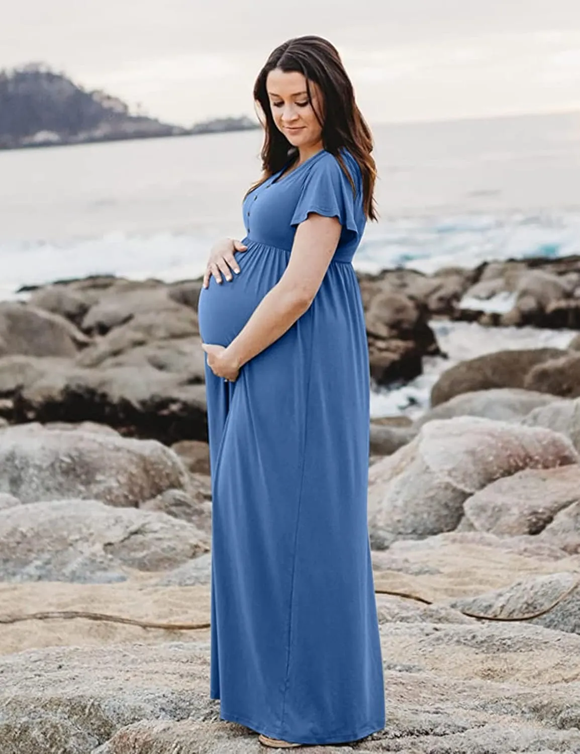 Peauty Summer Maternity Dresses for Women Maternity Photoshoot Dress with Decorative Button Baby Shower Dress