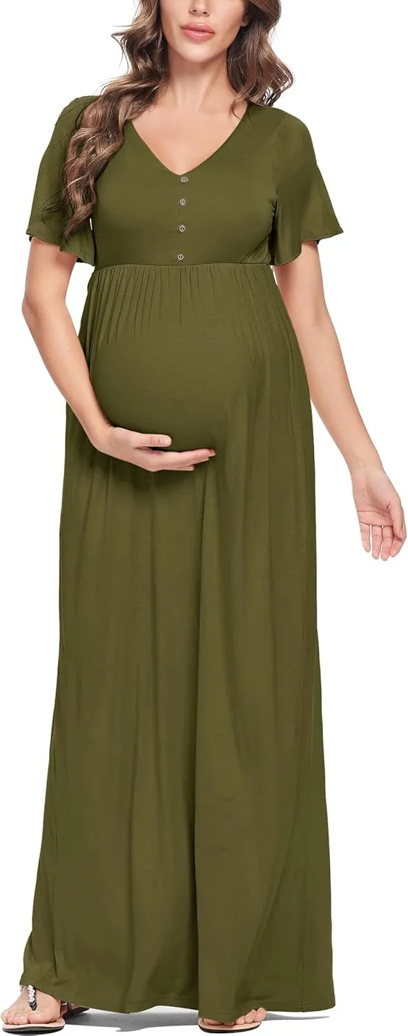 Peauty Summer Maternity Dresses for Women Maternity Photoshoot Dress with Decorative Button Baby Shower Dress