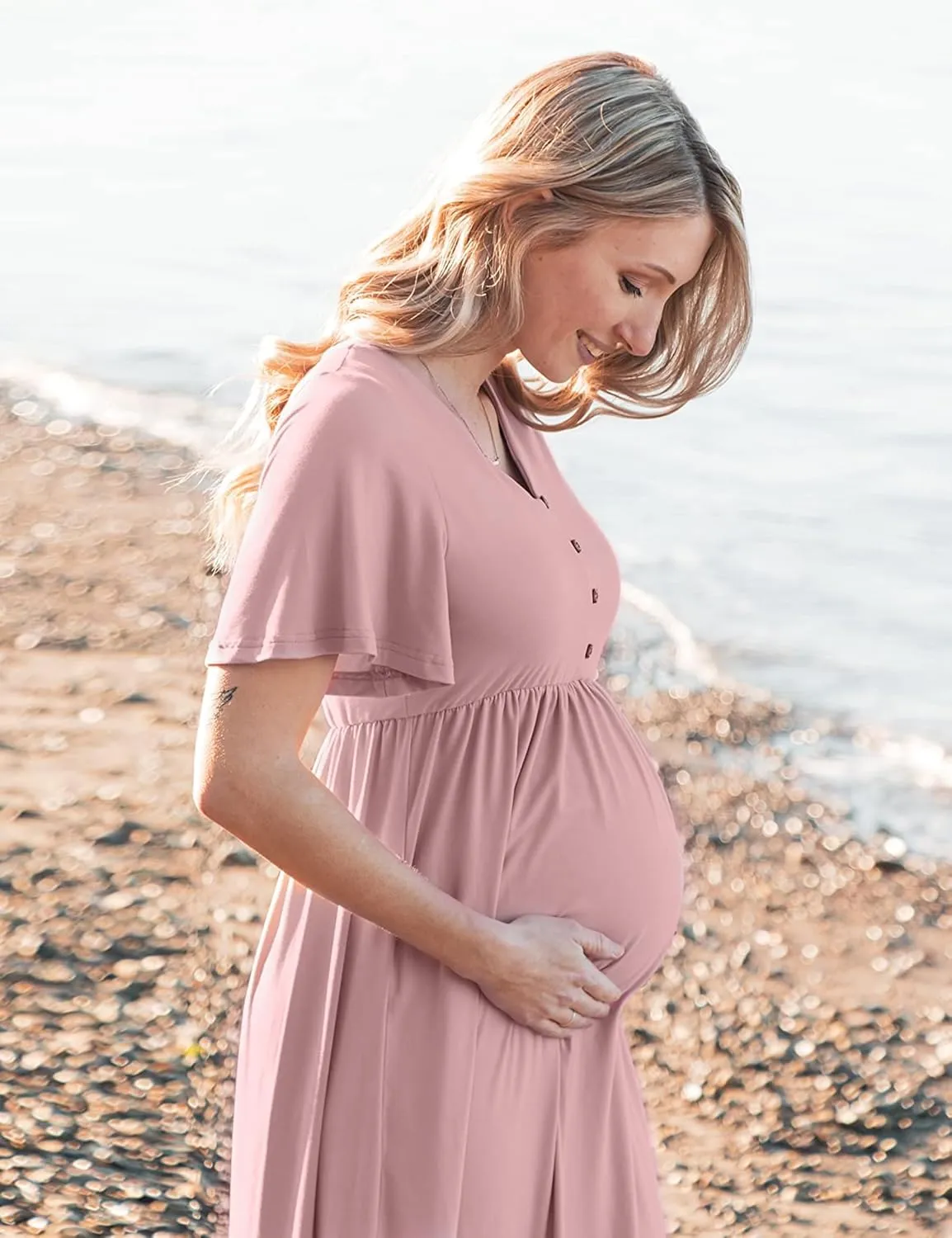 Peauty Summer Maternity Dresses for Women Maternity Photoshoot Dress with Decorative Button Baby Shower Dress