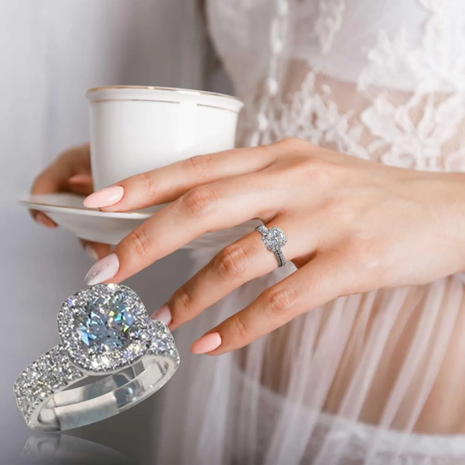 Personalize 925 Silver Princess Cut Diamond Bridal Ring Sets Engagement Ring for Women Statement Promise Rings