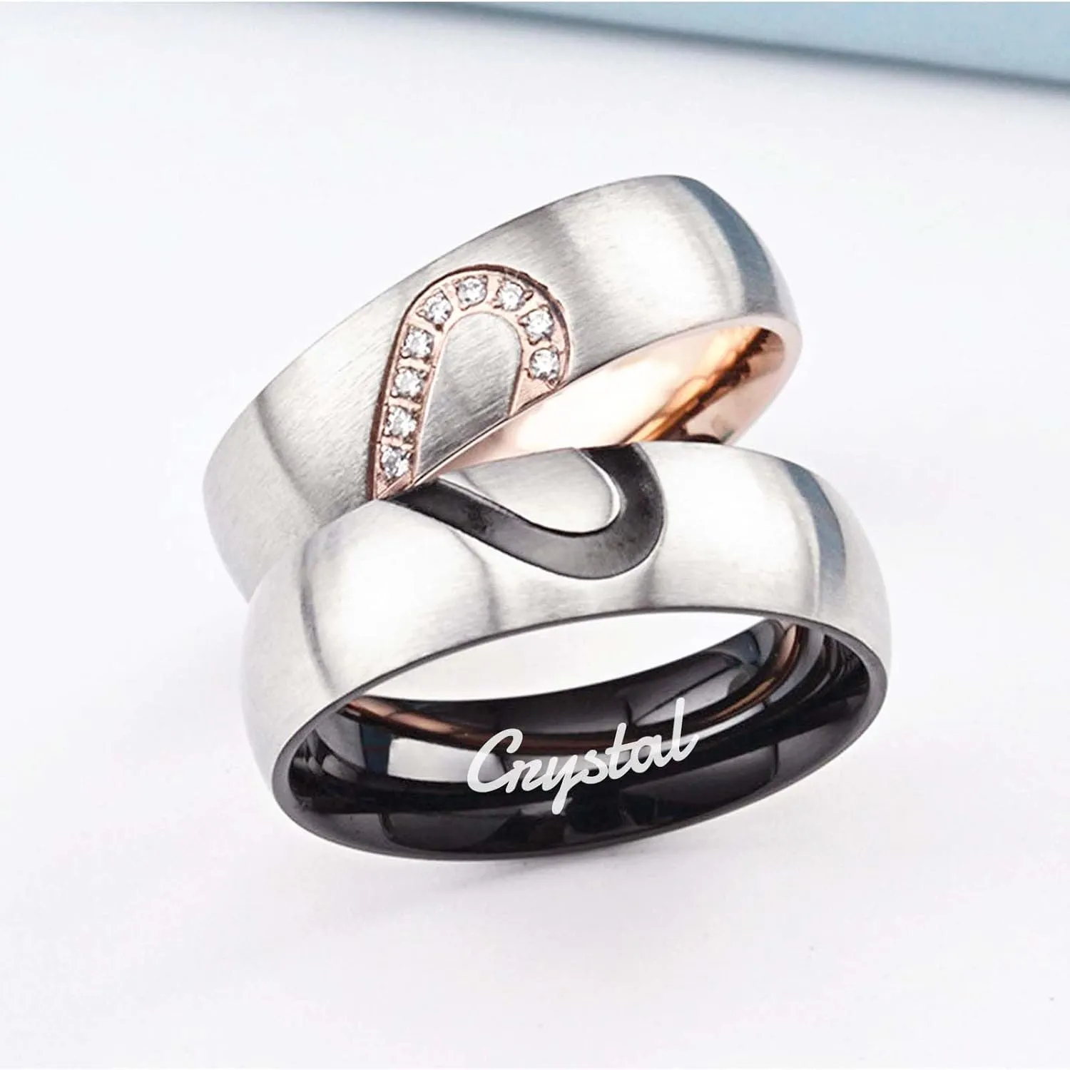 Personalized Matching Rings for Couples Personalized Couples Rings Set for Him and Her Half Heart Rings Custom Free Engraving Engagement Rings Jewelry Gifts for Couples Women Men (Couple Set)