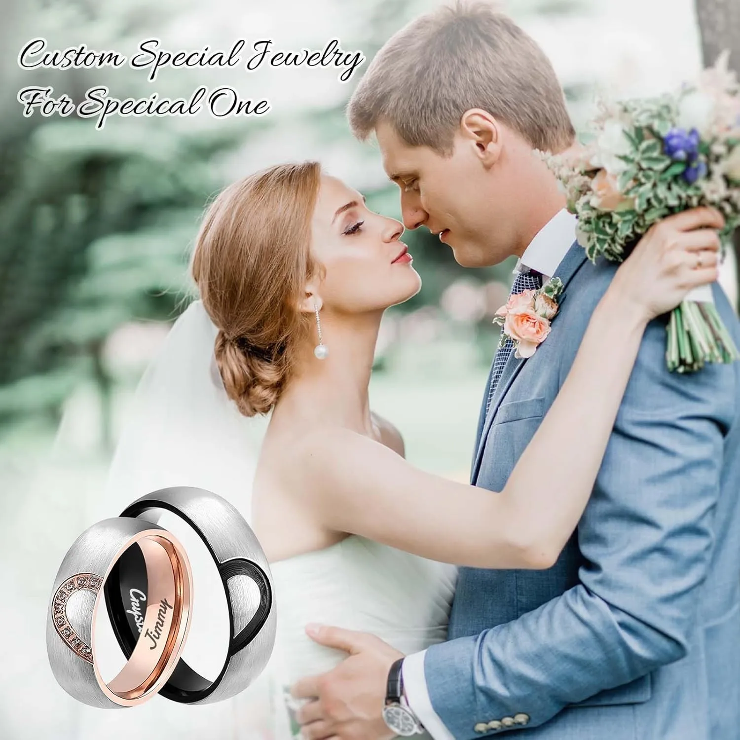 Personalized Matching Rings for Couples Personalized Couples Rings Set for Him and Her Half Heart Rings Custom Free Engraving Engagement Rings Jewelry Gifts for Couples Women Men (Couple Set)