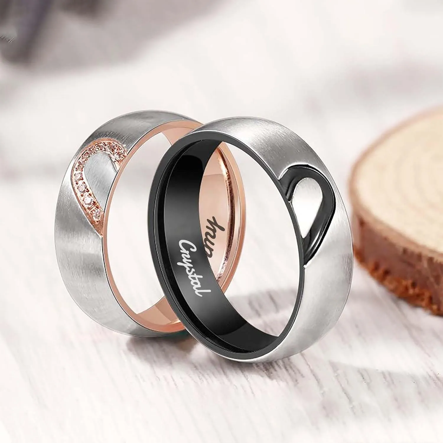 Personalized Matching Rings for Couples Personalized Couples Rings Set for Him and Her Half Heart Rings Custom Free Engraving Engagement Rings Jewelry Gifts for Couples Women Men (Couple Set)