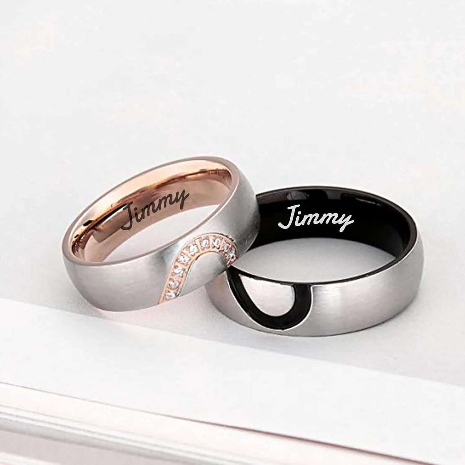 Personalized Matching Rings for Couples Personalized Couples Rings Set for Him and Her Half Heart Rings Custom Free Engraving Engagement Rings Jewelry Gifts for Couples Women Men (Couple Set)