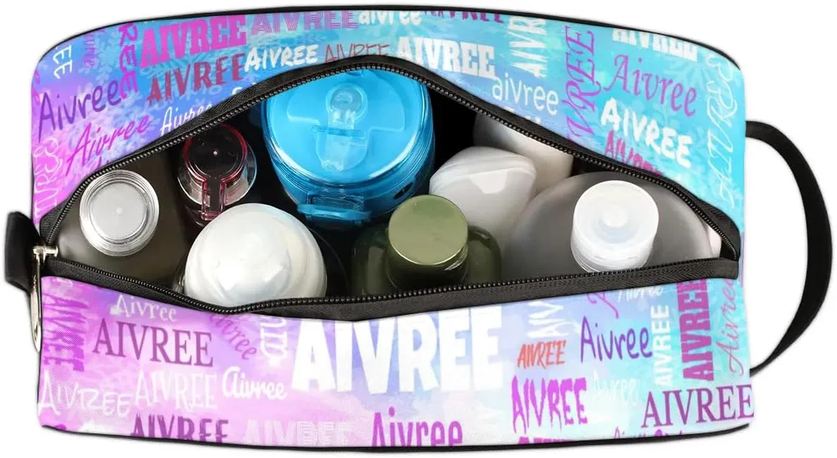 Personalized Name Makeup Bag, Custom Women Cosmetic Travel Toiletry Bag Pouch Organizer for Vacation Weekend, Painted Blue Pink Watercolor