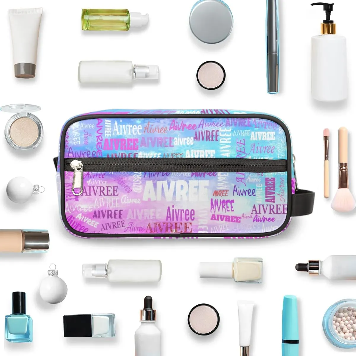 Personalized Name Makeup Bag, Custom Women Cosmetic Travel Toiletry Bag Pouch Organizer for Vacation Weekend, Painted Blue Pink Watercolor