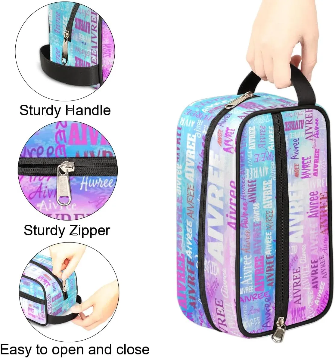 Personalized Name Makeup Bag, Custom Women Cosmetic Travel Toiletry Bag Pouch Organizer for Vacation Weekend, Painted Blue Pink Watercolor
