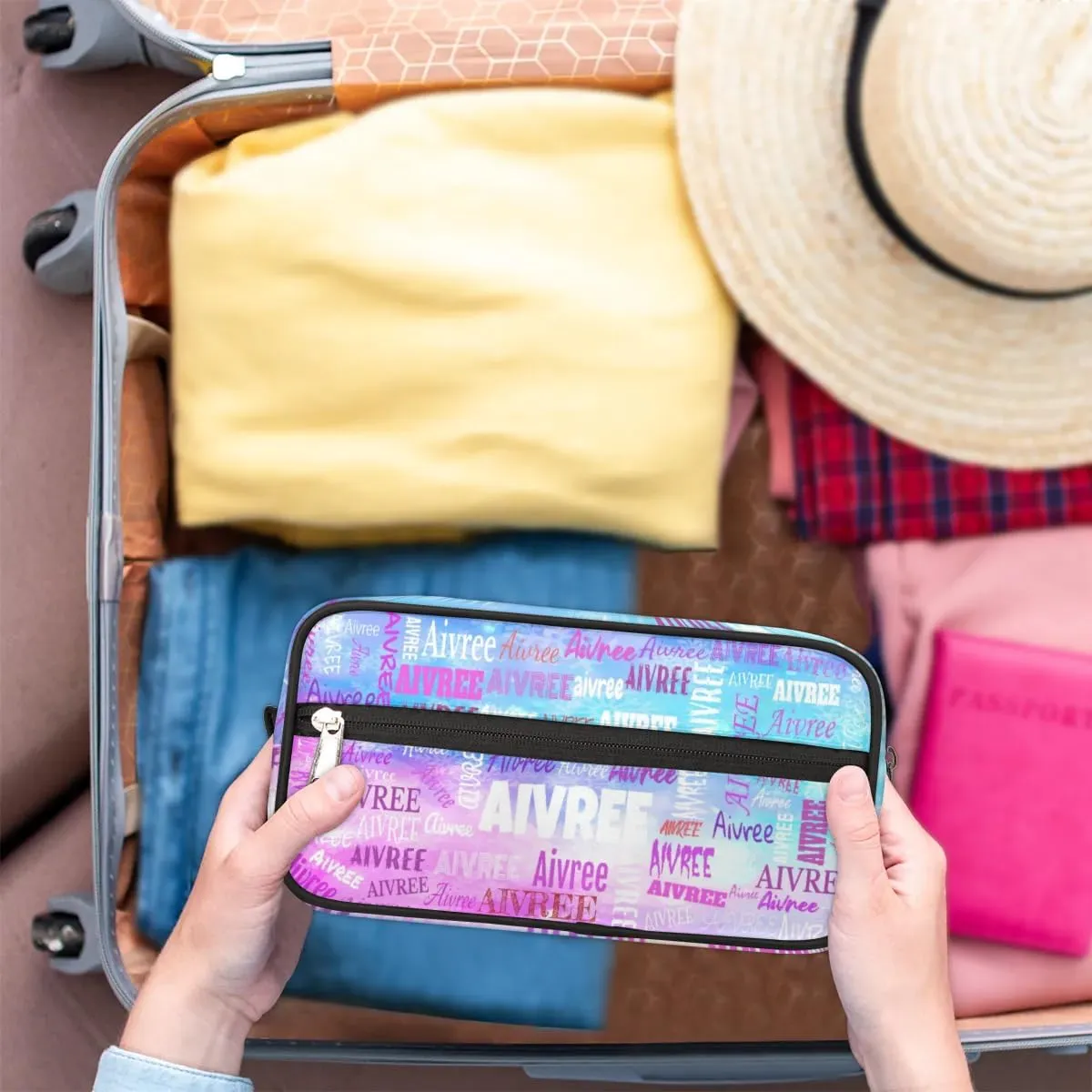 Personalized Name Makeup Bag, Custom Women Cosmetic Travel Toiletry Bag Pouch Organizer for Vacation Weekend, Painted Blue Pink Watercolor