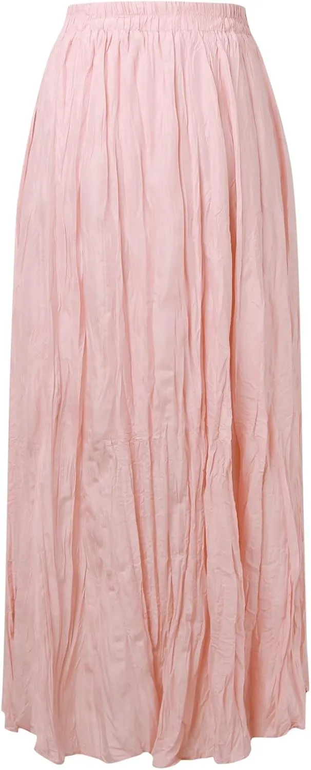 Pleated Maxi Skirts for Women 2025 Summer High Waisted Solid Color Swing A-Line Long Beach Skirt