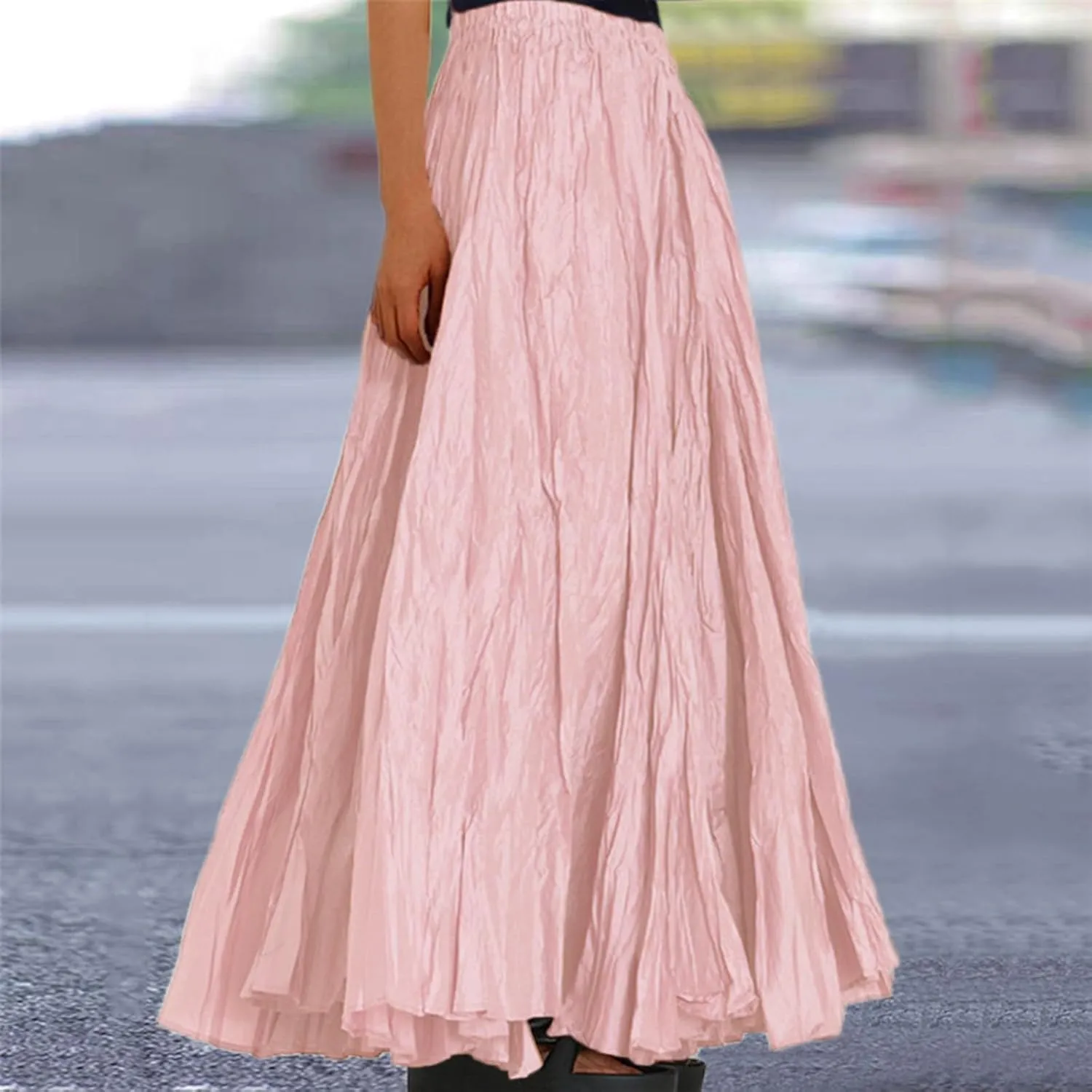 Pleated Maxi Skirts for Women 2025 Summer High Waisted Solid Color Swing A-Line Long Beach Skirt