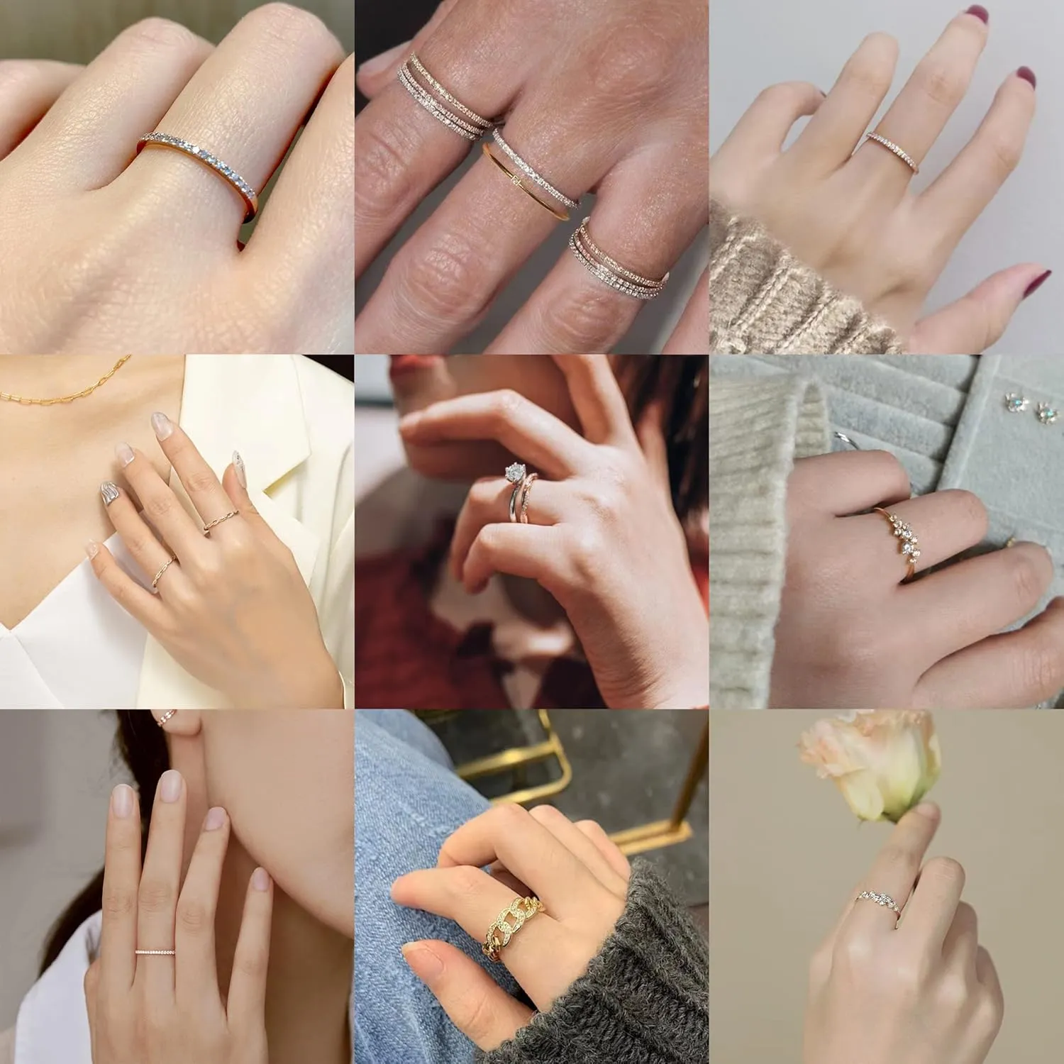 PLOMFOV 14K Gold/Silver Plate Stacking Rings Set for Women CZ Heart Simple Cute Stackable Rings Dainty Trendy Gold Statement Rings Plain Band Size 4-11