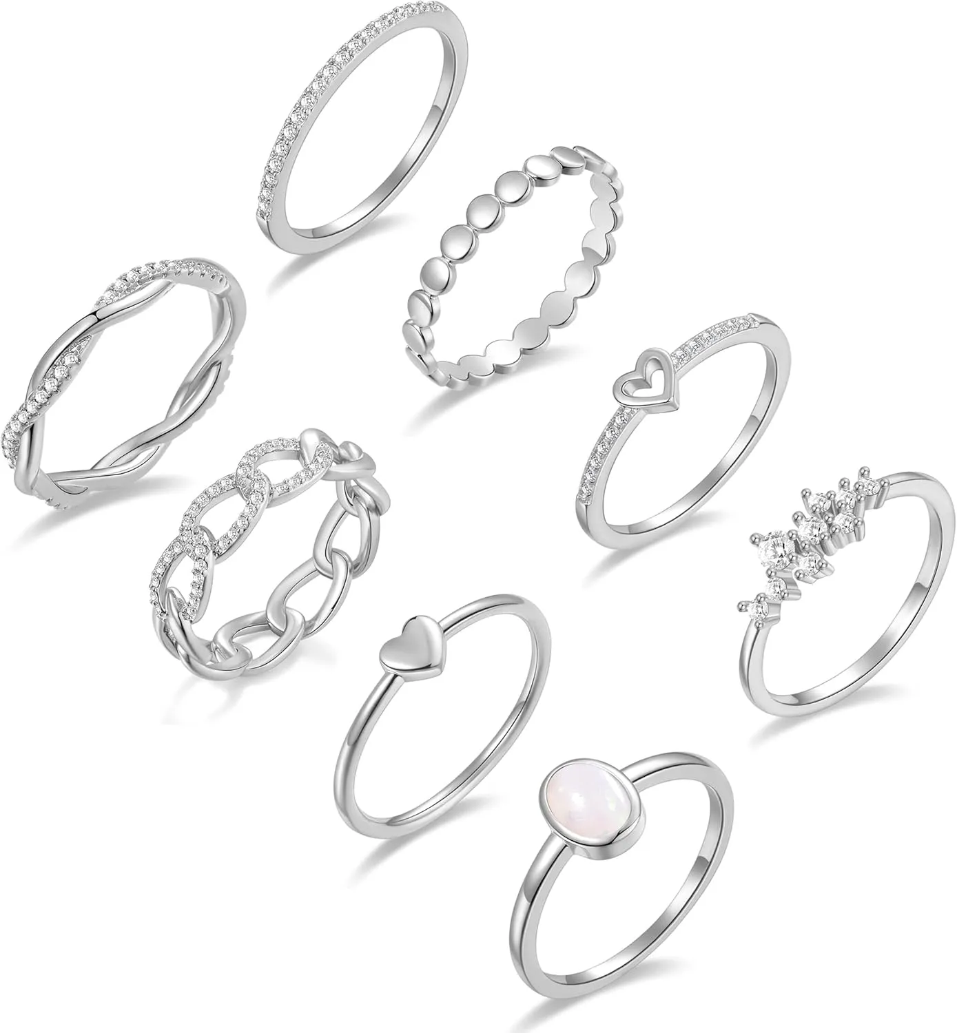 PLOMFOV 14K Gold/Silver Plate Stacking Rings Set for Women CZ Heart Simple Cute Stackable Rings Dainty Trendy Gold Statement Rings Plain Band Size 4-11