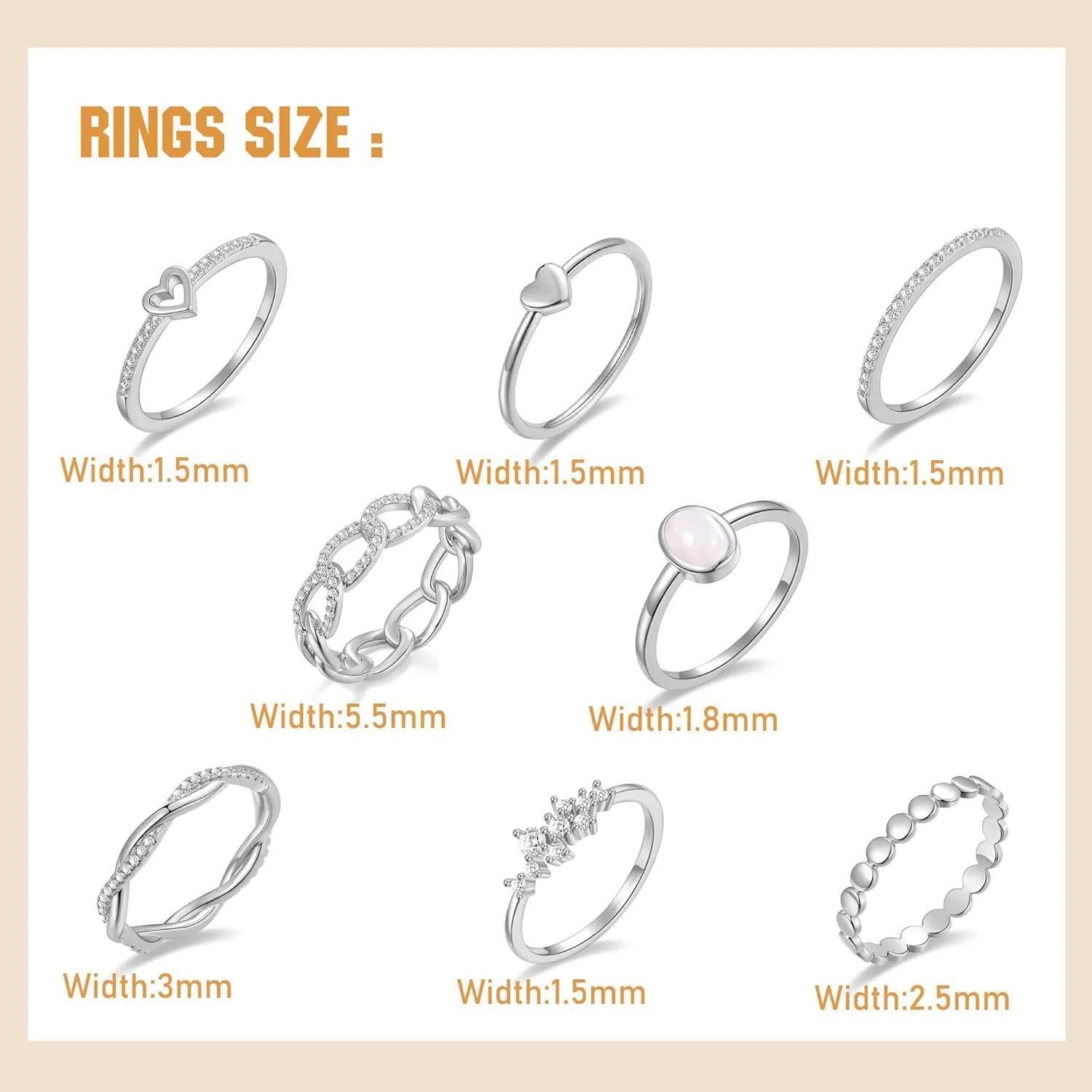 PLOMFOV 14K Gold/Silver Plate Stacking Rings Set for Women CZ Heart Simple Cute Stackable Rings Dainty Trendy Gold Statement Rings Plain Band Size 4-11
