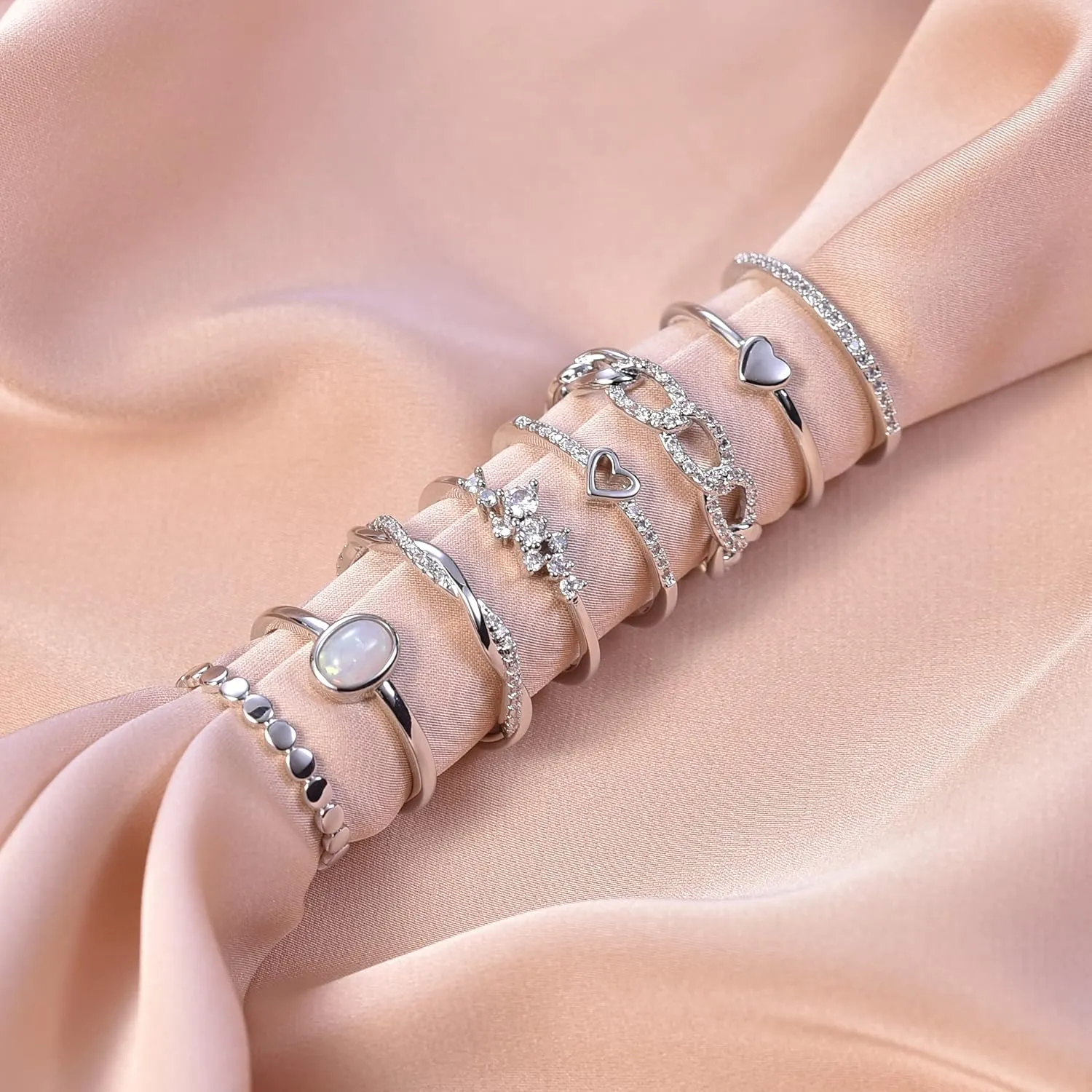 PLOMFOV 14K Gold/Silver Plate Stacking Rings Set for Women CZ Heart Simple Cute Stackable Rings Dainty Trendy Gold Statement Rings Plain Band Size 4-11