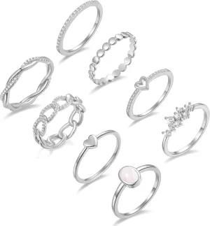 PLOMFOV 14K Gold/Silver Plate Stacking Rings Set for Women CZ Heart Simple Cute Stackable Rings Dainty Trendy Gold Statement Rings Plain Band Size 4-11