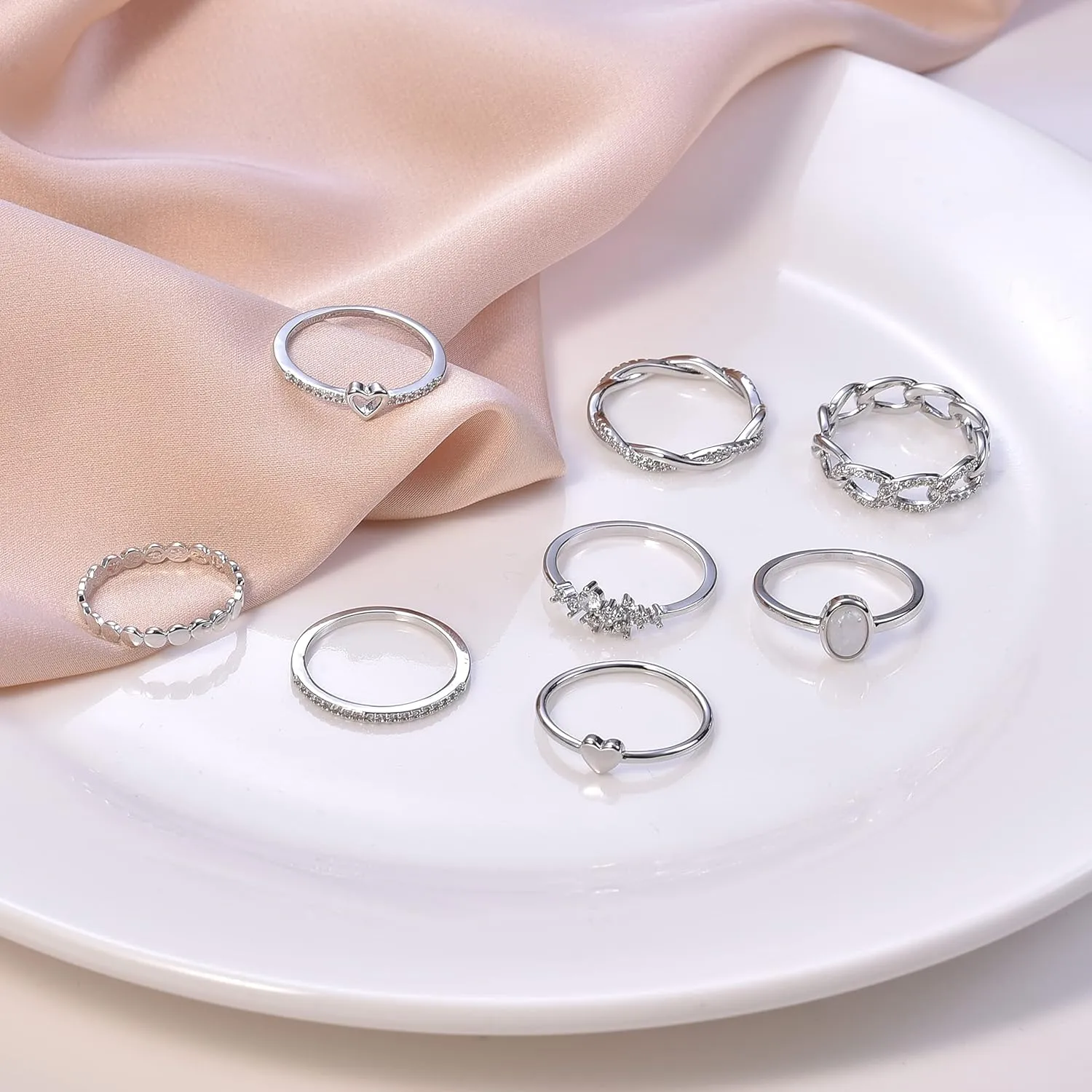 PLOMFOV 14K Gold/Silver Plate Stacking Rings Set for Women CZ Heart Simple Cute Stackable Rings Dainty Trendy Gold Statement Rings Plain Band Size 4-11