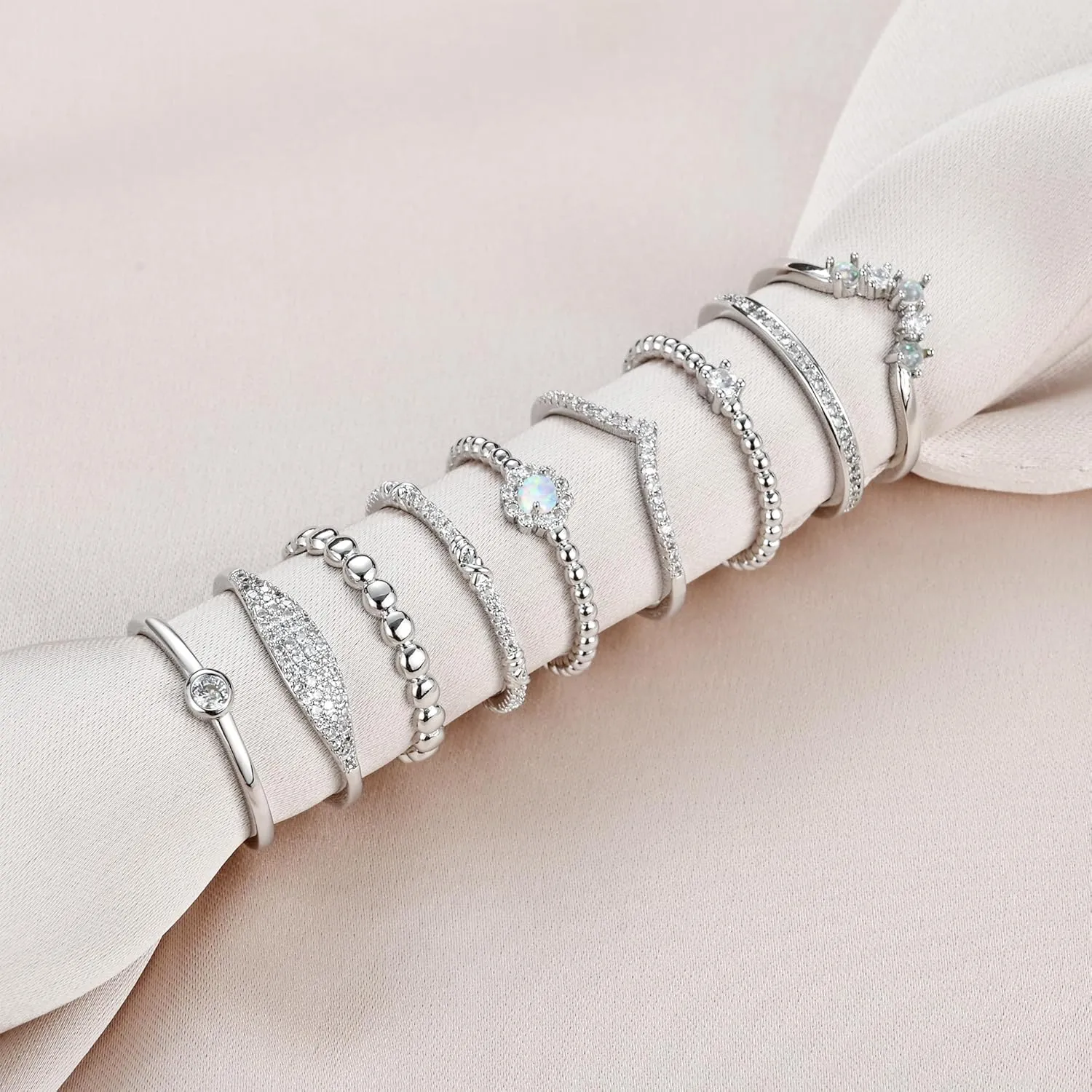 PLOMFOV 14K Silver Plate Stacking Rings Set for Women V Opal Flower CZ Rings Simple Thumb Thin Stackable Rings Silver Statement Rings Plain Band Size 4-11