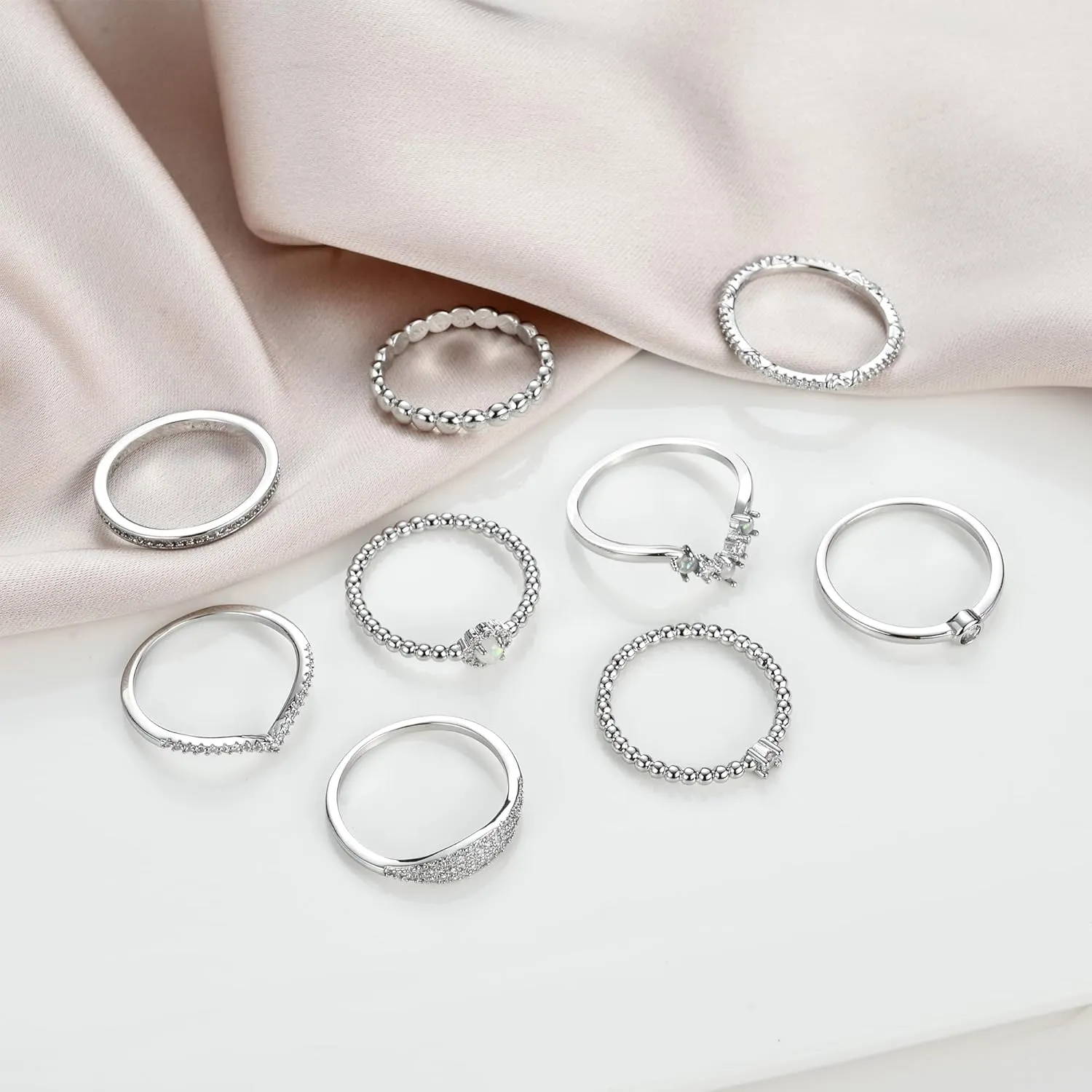 PLOMFOV 14K Silver Plate Stacking Rings Set for Women V Opal Flower CZ Rings Simple Thumb Thin Stackable Rings Silver Statement Rings Plain Band Size 4-11