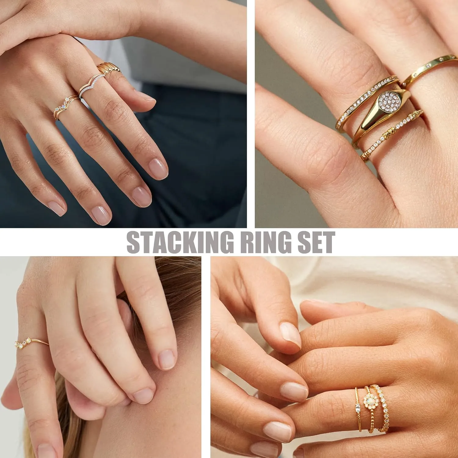 PLOMFOV 14K Silver Plate Stacking Rings Set for Women V Opal Flower CZ Rings Simple Thumb Thin Stackable Rings Silver Statement Rings Plain Band Size 4-11