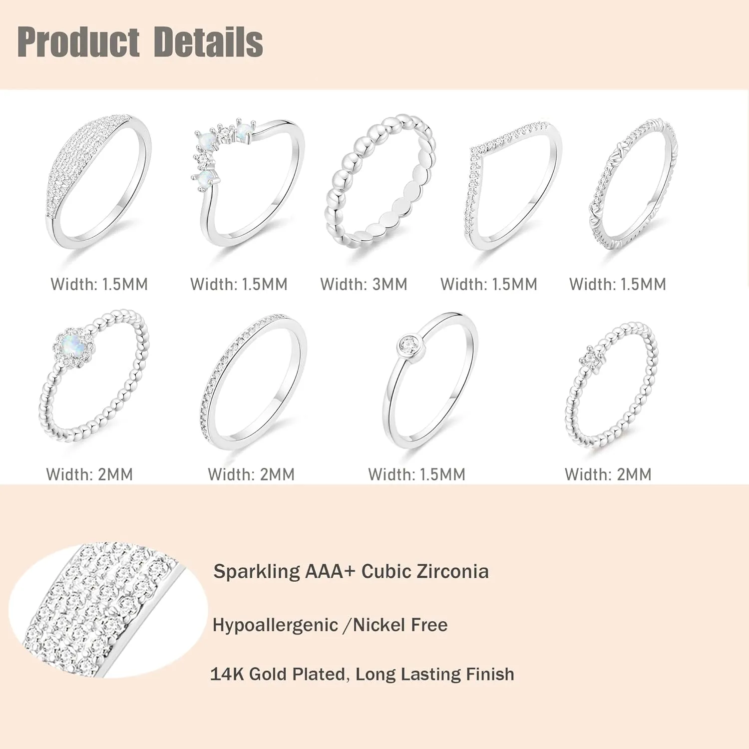PLOMFOV 14K Silver Plate Stacking Rings Set for Women V Opal Flower CZ Rings Simple Thumb Thin Stackable Rings Silver Statement Rings Plain Band Size 4-11