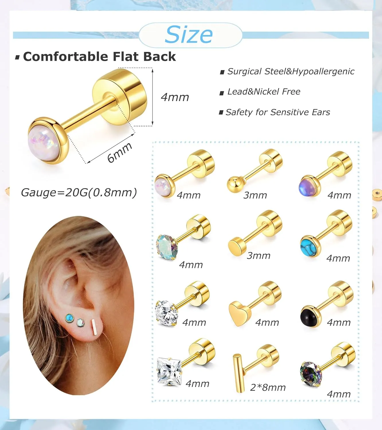 PLOMFOV Flat Back Earrings Gold Earrings for Women Men Stainless Steel Earrings Set CZ Heart Opal Surgical Steel Earrings Gold Studs 20G Cartilage Hoop Earrings Hypoallergenic for Sensitive Ears